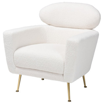 Modern Ivory Boucle Upholstered and Gold Metal Armchair