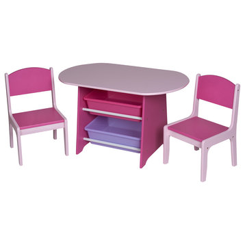 Children'S Oval Table W 2 Chairs, And 2 Storage Bins, Pink