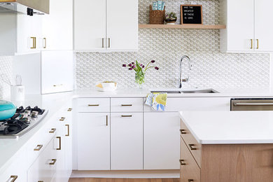 Trendy l-shaped medium tone wood floor kitchen photo in Raleigh with a double-bowl sink, flat-panel cabinets, white cabinets, gray backsplash, stainless steel appliances and an island
