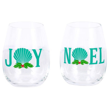 Seaside Holiday Joy and Noel Words Stemless Wine Glasses Set of 2