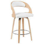 Armen Living - Shelly Counter Height Swivel Bar Stool, Patterned Oak With White Faux Leather - Bring elevated Mid-Century charm and modern versatility to your space with the Shelly Swivel Counter or Bar Height Stool. Designed to offer both visual appeal and everyday comfort, the Shelly features a gently curved wood backrest and a supportive cushioned seat, upholstered in smooth, easy-to-clean faux leather. The open-back design adds breathability and creates a lightweight silhouette that complements a wide range of interior styles'from retro-modern to contemporary. Perfect for kitchens, home bars, or casual dining spaces, the Shelly's 360-degree swivel mechanism lets you move effortlessly and stay engaged in conversation no matter where the action is. The stool's sturdy four-leg wood base is reinforced by a round chrome footrest, offering added stability and relaxed support. Its well-balanced proportions make it an excellent seating choice for both compact apartments and spacious homes. Now available in a range of finishes and upholstery combinations'including our newest variant in Patterned Oak Finish with White Faux Leather Upholstery'the Shelly Collection includes both counter height and bar height options to suit your layout. Whether you're furnishing a breakfast nook or designing a modern entertaining area, the Shelly offers a timeless seating solution that blends durability, comfort, and style.