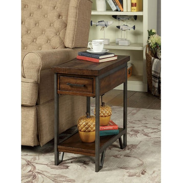 Benzara BM186406 Rectangular Wood & Metal Side Table with USB Outlet, Brown/Gray