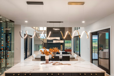 Inspiration for a modern light wood floor and beige floor dining room remodel in Other with a ribbon fireplace