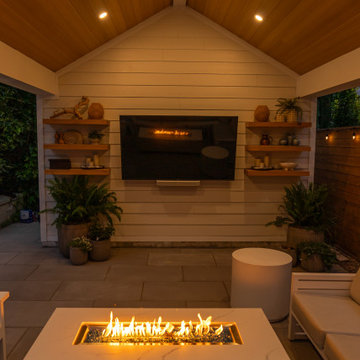 Modern Toronto Backyard | Custom Cabana, Pool, Outdoor Kitchen, Fire Pit & Deck