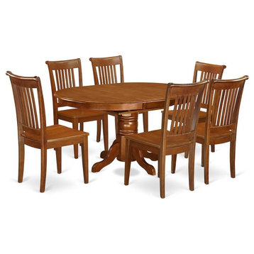 7-Piece Set Avon Dinette Table With Leaf And 6 Wood Kitchen Chairs In Saddle Bro