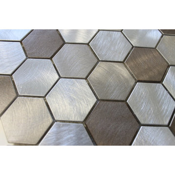 New Amsterdam Brushed Aluminum Hexagon Mosaic Tile, 12"x12"