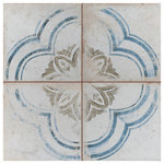 Merola Tile - Kings Root Blossom Ceramic Floor and Wall Tile - Imported from Spain, our Kings Roots Blossom Ceramic Floor and Wall Tile radiates old-world European elegance. This encaustic-inspired tile features a unique, low-sheen glaze in faded taupe, antique white and blue tones with floral and geometric motifs in each square. To commemorate 50 years of production, interior architect and furniture designer, Francisco Segarra, designed this collection to pay tribute to the manufacturing facility that brought his ideas to life. Each of his designs are inspired by the ceramics of the time, bringing a sense of timeless warmth and comfort into spaces. Realistic imitations of scuffs and spots that are the marks of well-loved, worn, century-old tile bring rustic charm to any interior setting. These rustic scuffs and spots convince that this tile is truly aged. Available in 9 print variations that are randomly scattered throughout each case, the variation throughout each tile mimics an authentic aged appearance. Save time and labor spent arranging smaller square tiles and instead install these durable ceramic slabs, which have four squares separated by scored grout lines. It’s durable and glazed features make this tile an ideal choice for indoor commercial and residential use, including kitchen, bathrooms, backsplashes, showers and entryways. Tile is the better choice for your space. This tile is made from natural ingredients, making it a healthy choice as it is free from allergens, VOCs, formaldehyde and PVC.