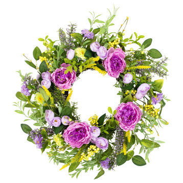 Peony Mixed Floral Springtime Wreath 24" Purple and Yellow