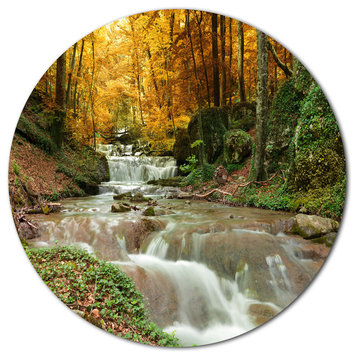 Forest Waterfall With Yellow Trees, Landscape Disc Metal Wall Art, 36"