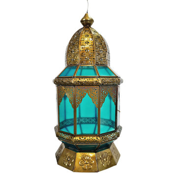 Moorish Brass & Turquoise Glass Lantern