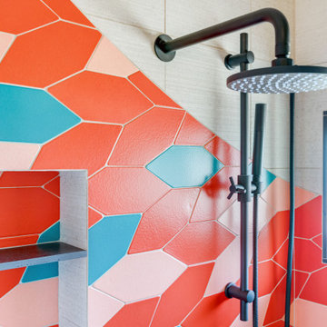 Colorful Custom Mosaic Tile Shower Accent in Walk In Shower