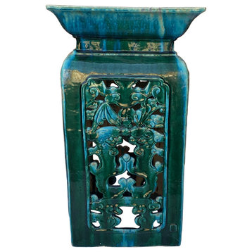Ceramic Clay Green Square Tall Pedestal Table Bats Dragons Stand Hcs6996
