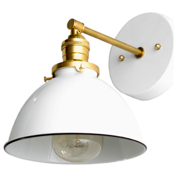 Industrial Wall Sconce, White Metal Shade, White/Brass