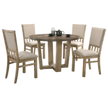 Brutus Walnut 5 Piece 47"W Round Dining Set, Wheat Colored Fabric Chairs