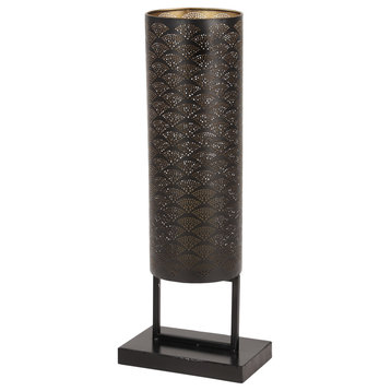 Modern Style Black Cylinder Metal Lantern with Pierced Metal Boho Pattern