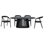 Armen Living - Pasadena Apache 5-Piece Oval Dining Set, Black Oak Finish Black Faux Leather - Introducing the Pasadena Apache 5 Piece Oval Dining Set. This set includes the 1 Pasadena oval dining table and 4 Apache dining chairs. Crafted with meticulous attention to detail, the oval shape of the table brings a touch of sophistication, creating a dynamic focal point for gatherings in your dining room. With a generous tabletop length of 79 inches and a width of 43 inches, this dining room table provides ample space for family dinners or entertaining guests. This table features a beautiful solid wood base and concrete bottom for added stability. The Apache chairs showcase a sophisticated blend of Black Oak Wood and Faux Leather, creating a sleek and timeless aesthetic. The upholstered dining chair design provides both comfort and style. Their contemporary design ensures they seamlessly integrate into various interior styles, elevating the ambiance of any space. The versatility of these chairs extends beyond the dining room; they make for stylish additions such as vanity chairs or accent pieces, enhancing the aesthetic appeal of any room. The retro allure of mid-century design is present in the slatted paneling on the column structure of the pedestal base, further elevating its appeal, whilst lending its unmistakable character and attractive, architectural-like quality. This 5-piece dining set comes complete with the Apache Black Oak Wood and Faux Leather Dining Chairs and one of 3 different color variations for the Pasadena table. This exquisite oval dining table is available in an all-black oak finish, an all-natural oak finish, or a walnut tabletop finish with a black base to suit any room.