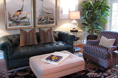 Example of a mid-sized transitional open concept dark wood floor living room library design in Chicago with no fireplace and no tv