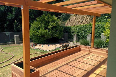 Small arts and crafts backyard deck container garden photo in Los Angeles with a pergola