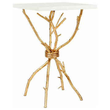 Unique Side Table, Branches Look Golden Base With Square White Wooden Top