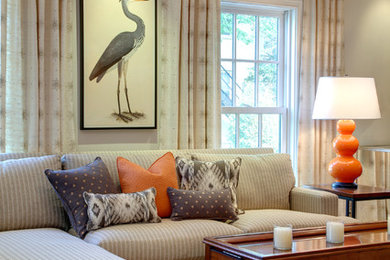 Example of a transitional open concept carpeted living room design in New York with beige walls