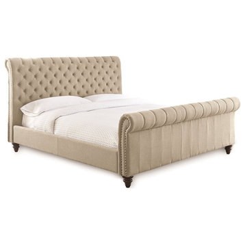 Bowery Hill Transitional Fabric Upholstered King Sleigh Bed in Sand Beige
