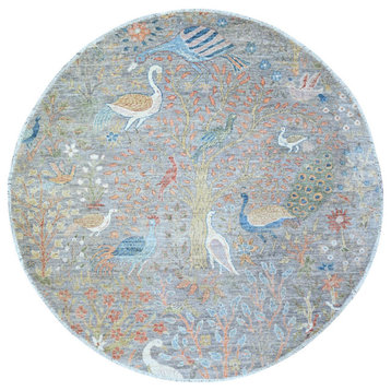 Blue Gray Hand Knotted Wool Birds of Paradise Peshawar Round Rug, 6'x6'1"