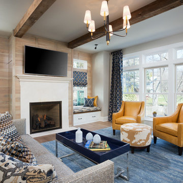 Reclaimed Wood Box Beams on White Ceiling in Bright Transitional Family Room