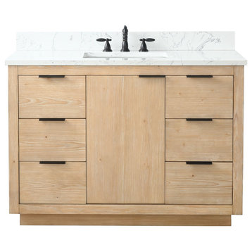 Brady Mid-century Bathroom Vanity With Sink, Carrara White Top, Teak White, 48"