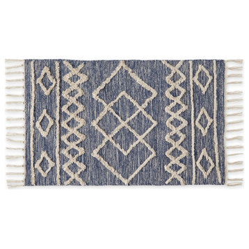 Scandinavian French Blue Printed Hand-Loomed Cotton Shag Rug 2x3 Ft