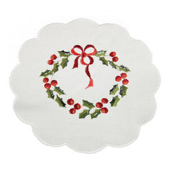 Xia Home Fashions - Country Wreath Embroidered Hemstitch Christmas Doilies, 8" Round, Set of 4 - Placemats