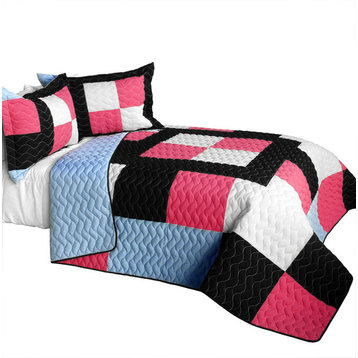 Modern Pink 3PC Vermicelli - Quilted Patchwork Quilt Set (Full/Queen Size)