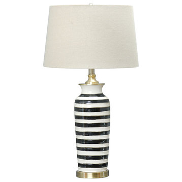 Striped Ceramic Table Lamp with Brushed Gold Accents, Black and White