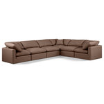 Meridian Furniture - Indulge Upholstered Modular L-Shaped Sectional, Brown, 6-Piece: 3 Armless Chair, 3 Corner Chair, Fiber Stuffed Vegan Leather - Experience ultimate comfort and style with our brown vegan leather Indulge Sectional. The luxurious vegan leather will elevate the aesthetic of any room. This sofa provides ample space for you to relax while its modular build offers the option of unlimited configurations. Whether you're looking to add a stylish element to your living room or a comfortable seating option to your bedroom, this sofa is the perfect choice.