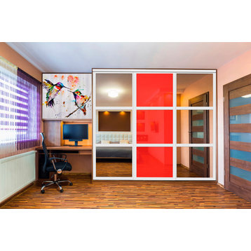 3 Panels Closet / Wardrobe Door with Mirror & Red Painted Glass Insert, 96"x80" Inches