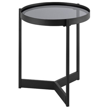 Modern Glass and Metal Round Side Table - Smoked Glass / Black