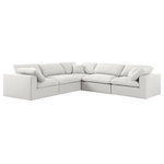 Meridian Furniture - Serene Linen Textured Fabric Deluxe Comfort 5-Piece L-Shaped Sectional, Cream - There's lots to love about the Serene linen textured deluxe cloud-like comfort modular collection, and this piece is not an exception. The soft cream linen textured fabric is cozy and sleek to the touch while the overstuffed down/feather cushions provide gentle support so you can relax and unwind like a VIP. Customize your seating with this modular set by adding the pieces you like most. Latches under each piece make it easy to snap them into position for a look that's modern yet welcoming.