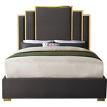 Meridian Furniture - Hugo Velvet King Bed, Gray - Sleep like a king while adding dramatic flair to your bedroom space in the regal Hugo grey velvet king bed. Sleek grey velvet upholstery is supported by a polished gold metal frame, supported on gold metal legs, creating a stunning bed that's truly fit for royalty. The unique gold-framed layered rectangle design of the headboard commands attention of anyone who ventures into your sleeping chamber, and its luxuriously large size ensures you'll slumber like a king.