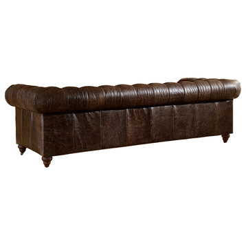 Crafters and Weavers Top Grain Leather Chesterfield Sofa, Dark Brown