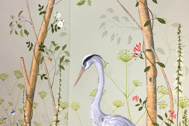 Hand painted wallpaper "The grey heron and the frog"