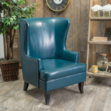 GDF Studio Jameson Tall Wingback Leather Club Chair, Teal Blue