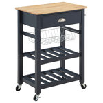 OSP Home Furnishings - Hampton Kitchen Cart With Wood Top and Blue Stone Base - A flawless solution for space-saving homes and apartment living, our Kitchen Cart with Wood Top, combines beauty and functionality. Its multifunctional design makes it perfect for food preparation, serving, and kitchen storage. Beautiful from every angle, it features a solid wood painted finish, contrasted with the clean lines of a durable wood food prep surface. A top drawer will hold all your cooking utensils, while the charming pull-out basket will hold your fresh produce or kitchen linens. Two slatted open shelves are ideal for large pot storage and display. The handy towel bar, heavy-duty hardware and locking casters, provide long lasting appeal.  A must-have addition to any home, this charming kitchen cart is sure to be your new favorite place for both cooking and stowing away countertop clutter.