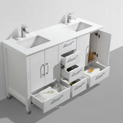 60" Gloss White Vanity with White Quartz Counter Top - Bathroom Vanities And Sink Consoles