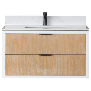 Dione Vanity With Aosta White Countertop, Weathered Pine, 36", No Mirror