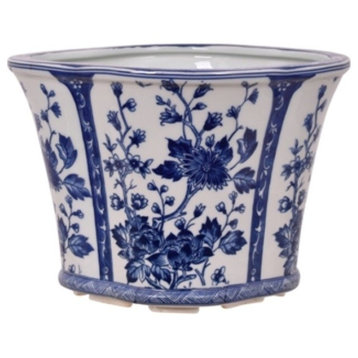 Blue and White Floral Motif Porcelain Oval Pot 12" Wide