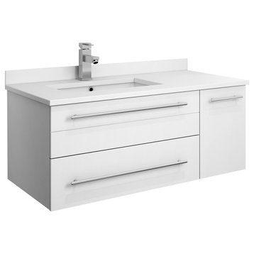 Lucera Wall Hung Bathroom Cabinet With Top & Undermount Sink, White, Left, 36"