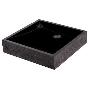 Natural Black Granite Square Vessel Sink with Chiseled Exterior
