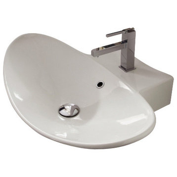 Oval-Shaped White Ceramic Wall Mounted or Vessel Sink, One Hole
