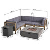 GDF Studio 7-Piece Gina Outdoor Acacia Wood Sofa Set With Fire Pit, Gray/Dark Gray