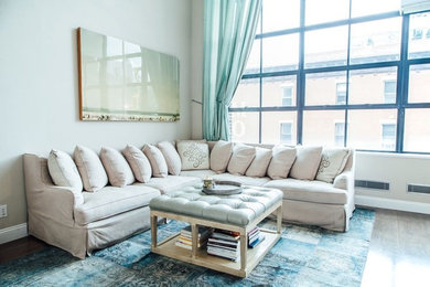 Large transitional formal and loft-style medium tone wood floor and brown floor living room photo in New York with white walls, no fireplace and no tv