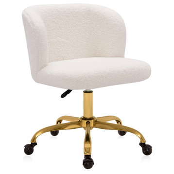 Modern Upholstered Boucle Desk Chair with Swivel Wheels, Gold-White